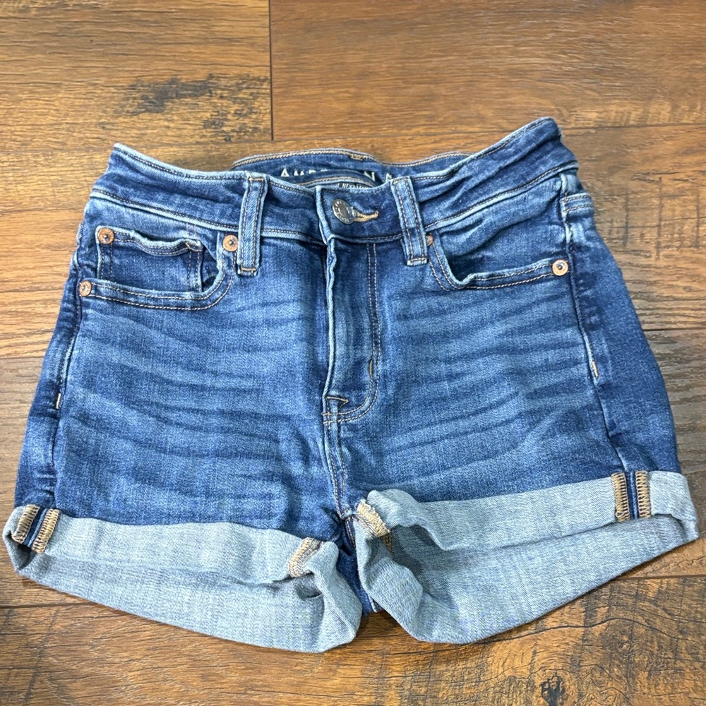 American Eagle high rise shortie stretch Dark Blue Jean Shorts 00